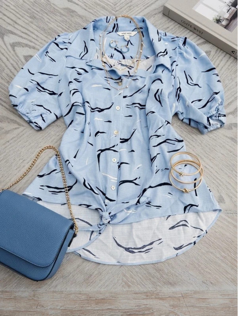 Nine West Light Blue Abstract Print Short-Sleeve